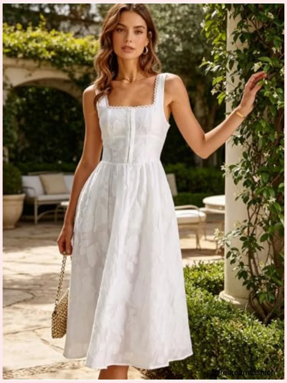 Square Neck Lace Trim A-Line Midi Sundress for Wedding Guest Party